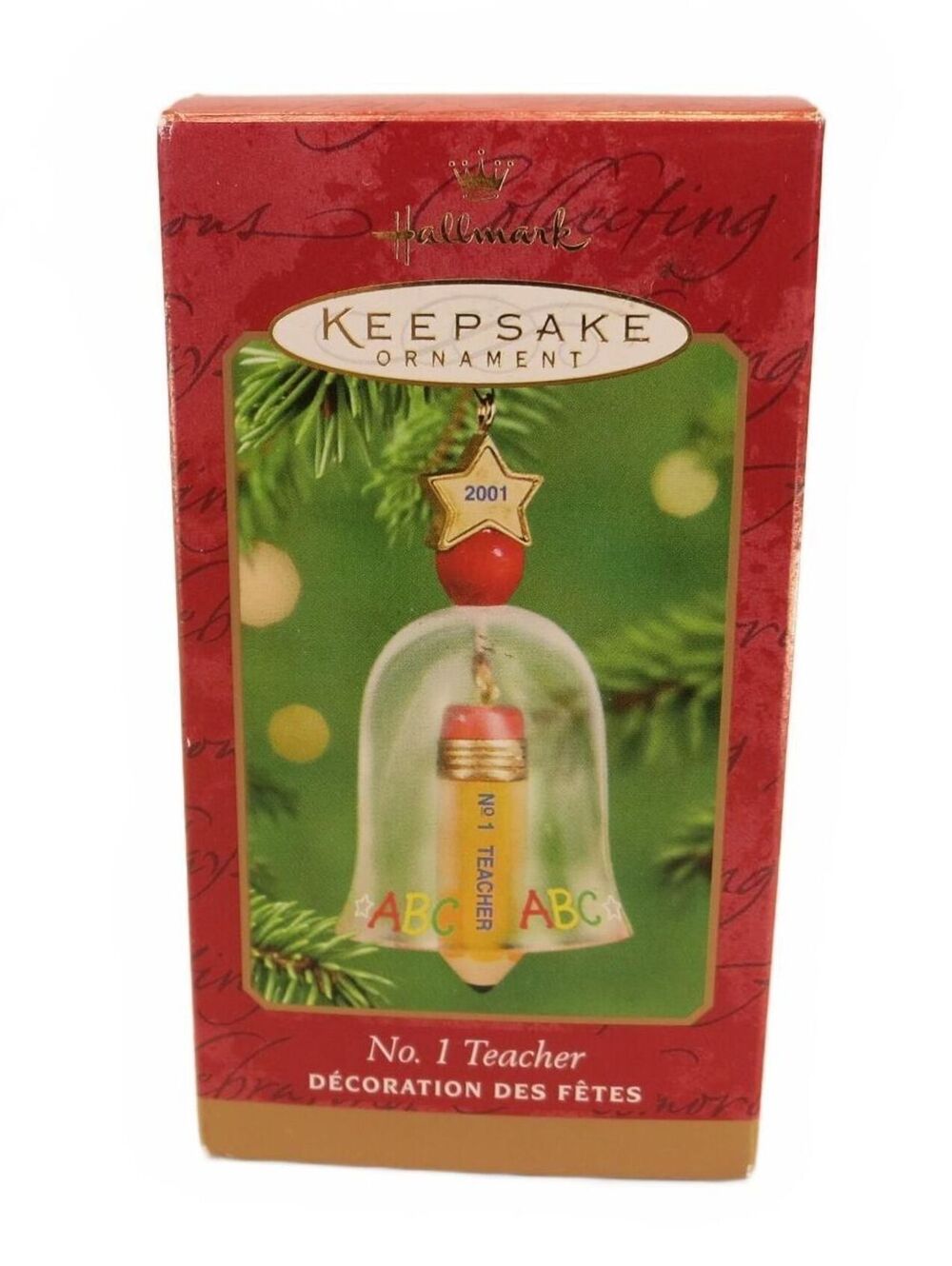 2001 Hallmark Ornament No. 1 Teacher Glass Bell ABC Pencil School Teacher Gift